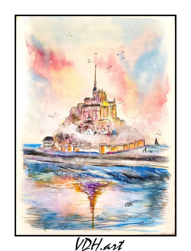 aquarelle-mont-saint-michel-sous-la-brume-ciel-rose-artiste-peintre-normand-cotentin-manche-normandie alt="Aquarelle du Mont saint Michel sous la brume matinale, Aquarelle, artiste Normand, Normandie, manche, Cotentin"