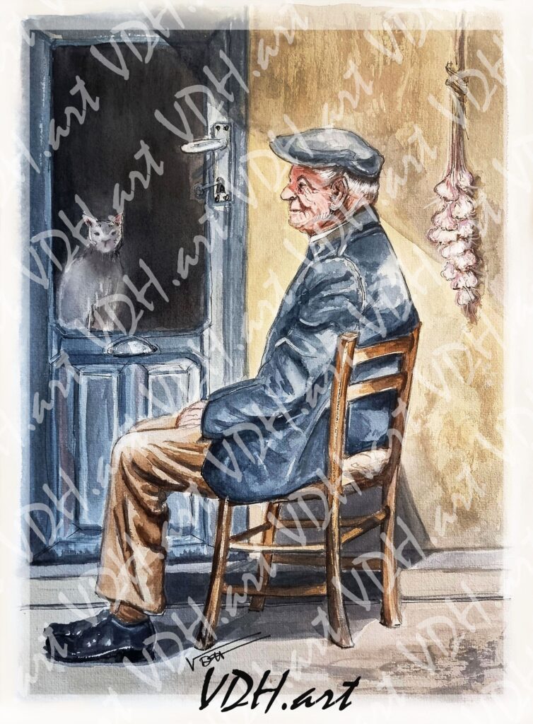 aquarelle-veillard-grand-pere-assis-casquette-sur-chaise-chat-tresse-ail-vdhartstudio-artsite-peintre-normandie-manche-cotentin alt="Aquarelle "Le grand père et son chat artiste Normand, Normandie, manche, Cotentin"