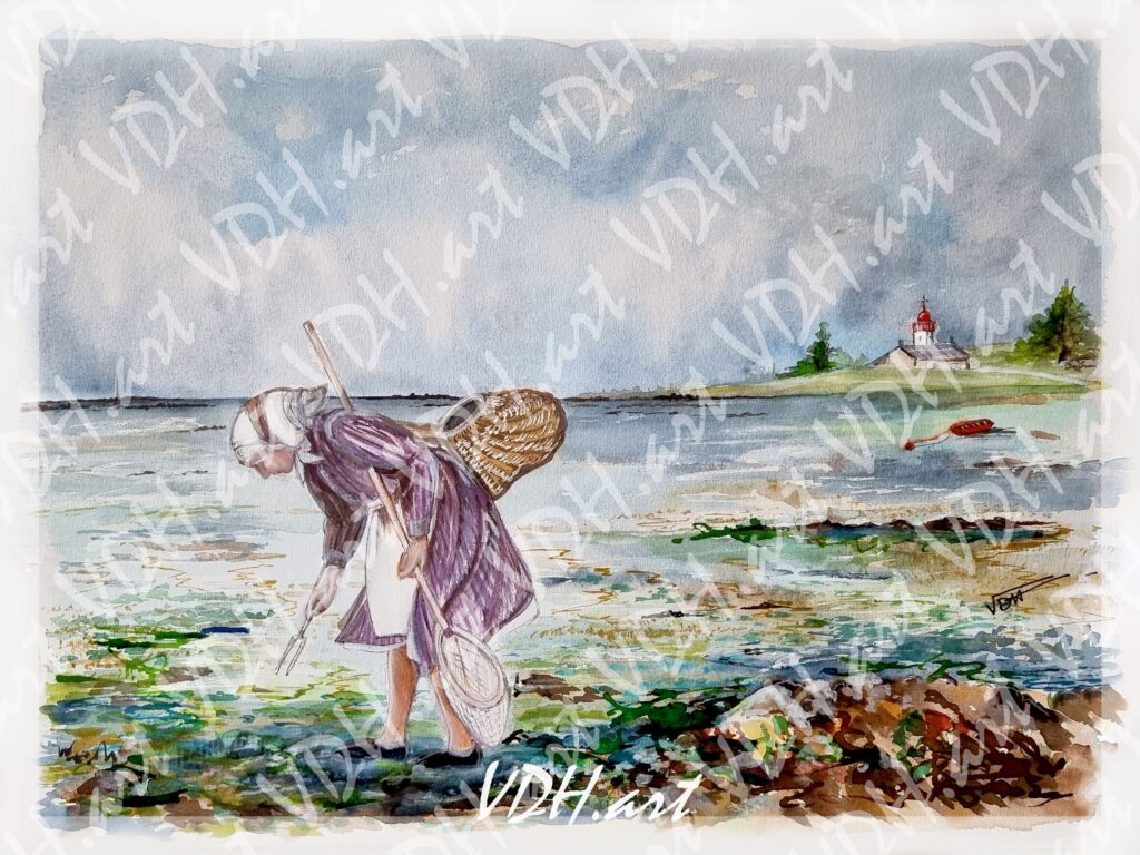 aquarelle-phare-agon-peche-a-pied-grand-mere-vdhartstudio alt="Grand mère à la pêche aux palourdes, Pointe d’Agon"