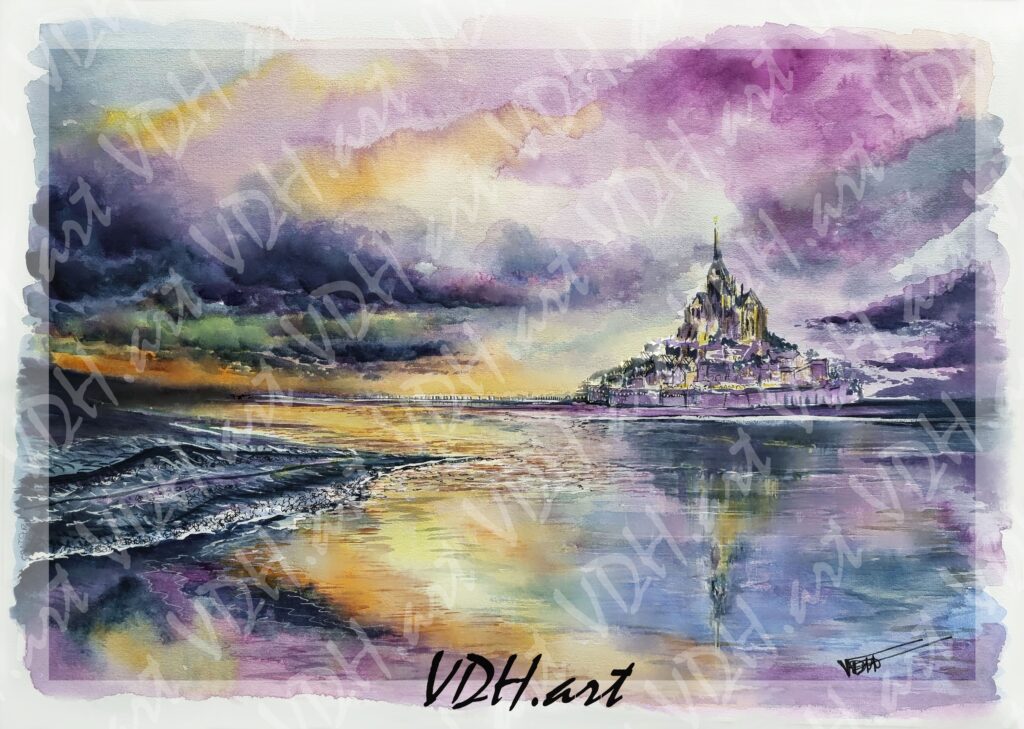 aquarelle-mont-saint-michel-coucher-de-soleil-vdhartstudio-artiste-peintre-normand-cotentin-manche-normandie-vdhartstudio alt="Aquarelle, Le Mont Saint Michel au coucher de soleil, Aquarelle, artiste Normand, Normandie, manche, Cotentin"