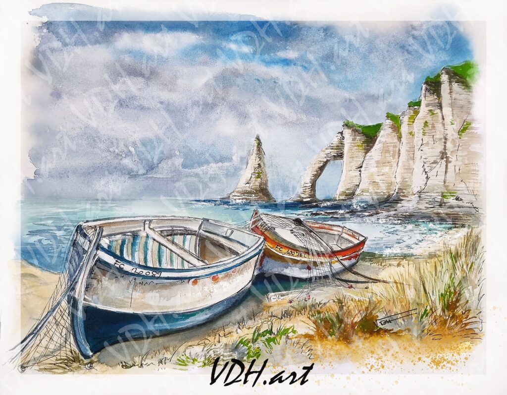 aquarelle-etretat-falaises-barques-plages-bateaux-echoues-plages-etretat-falaises-normandie-seine-maritime-artiste-peintre-normand-cotentin-manche-normandie-vdhartstudio alt="Aquarelle, les barques sur les plages d'Etretat, artiste Normand, Normandie, manche, Cotentin"