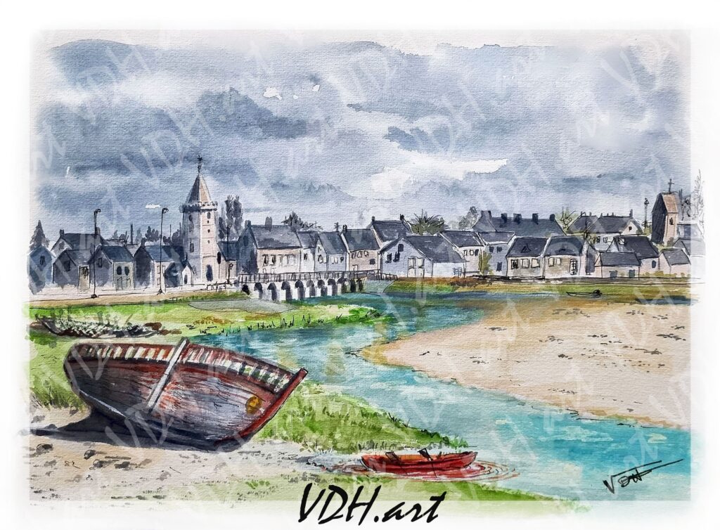 aquarelle-portbail-bateaux-echoues-maree-basse-pont-eglise-clocher-artiste-peintre-normand-cotentin-manche-normandie-vdhartstudio alt="Aquarelle Portbail, artiste Normand, Normandie, manche, Cotentin"