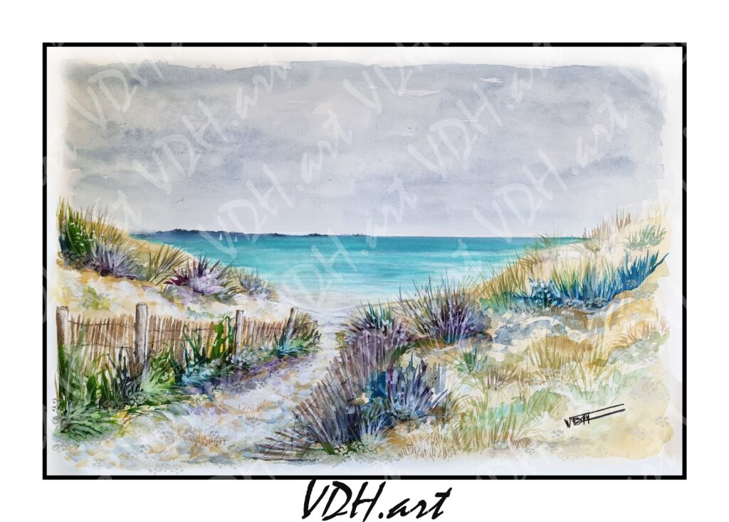 aquarelle-dunes-sable-mer-manche-artiste-peintre-normand-cotentin-manche-normandie-dunes-de-geffosses-mer-plages alt="Aquarelle, Les dunes de Geffosses, artiste Normand, Normandie, manche, Cotentin"