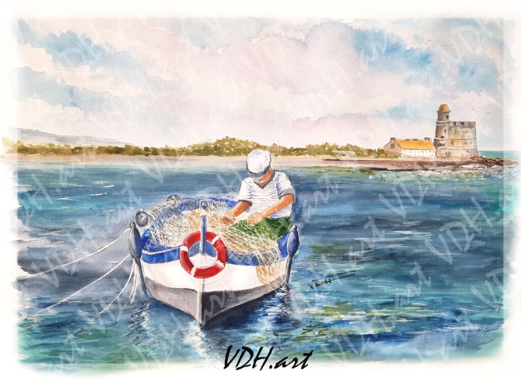 aquarelle-pecheur-saintvaastlahougue-tatihou-vauban-saintvaast-vdhartstudio-normandie-artiste-peintre-cotentin-manche