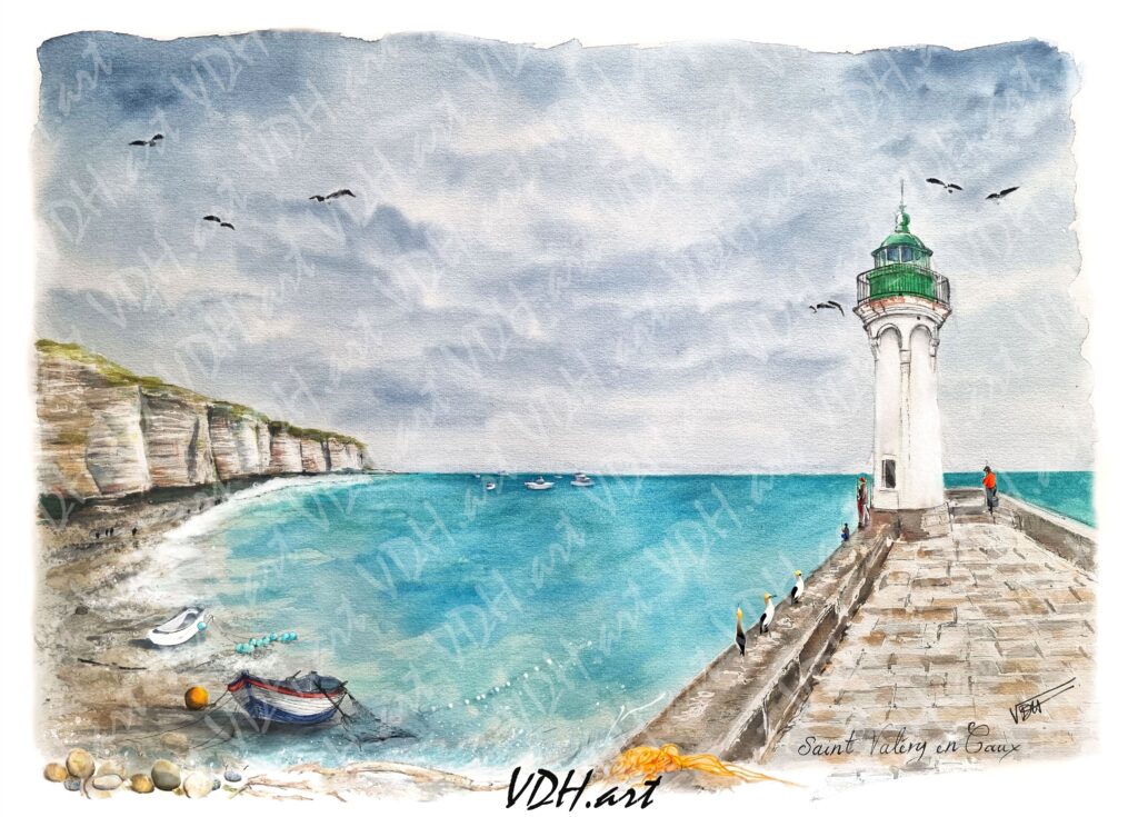 aquarelle-vdhartstudio-phare-saintvaleryencaux-borddemer-barques-pecheurs-fousdebassan-falaises-seinemaritime-artiste-peintre-normand-normandie