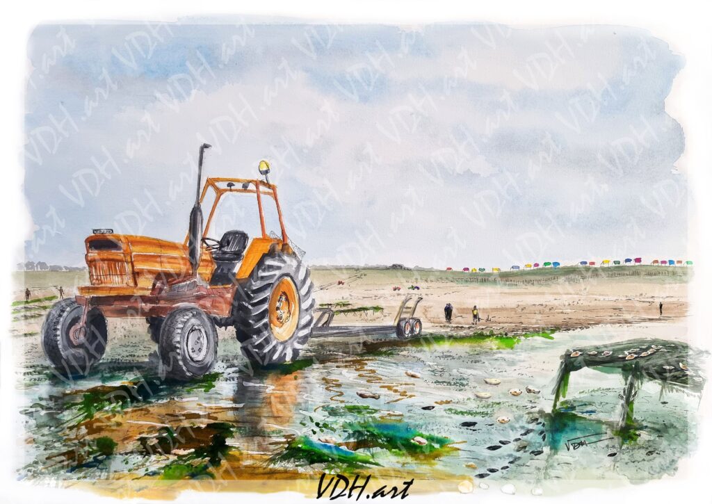 aquarelle-vdhartstudio-tracteur-orange-gouville-sur-mer-artiste-peintre-normandie-manche-cotentin