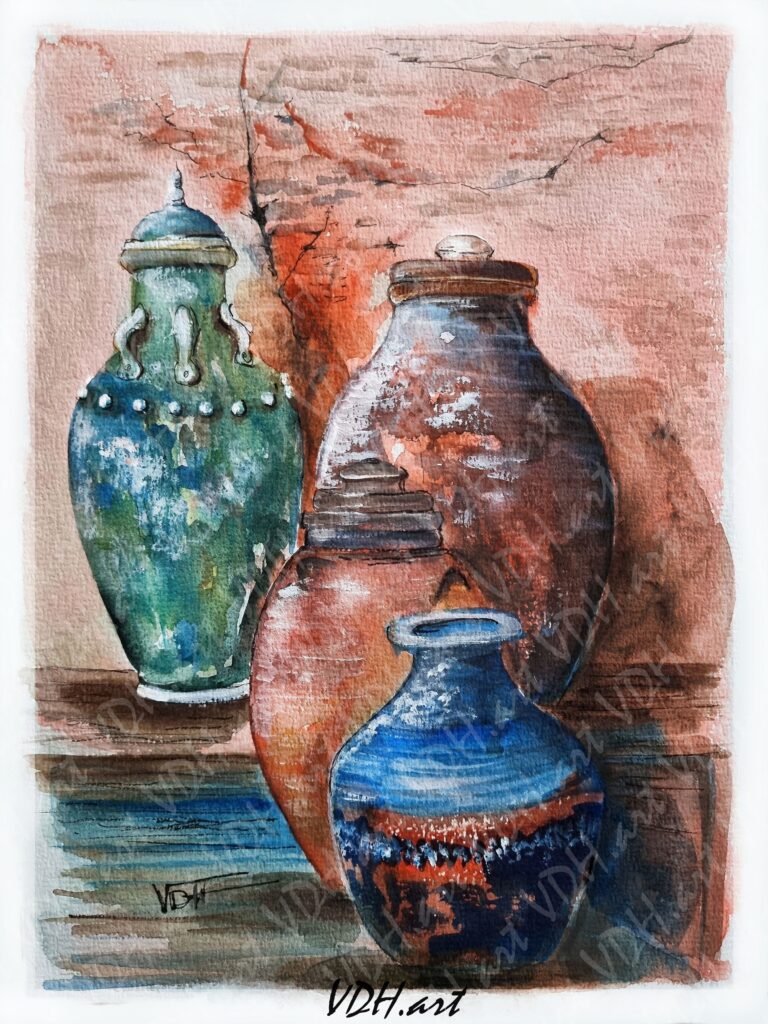 Aquarelle, Les pots en terre cuite