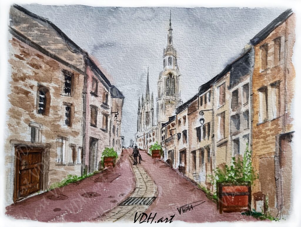 Aquarelle, La Rue Geoffroy de Montbray, Coutances